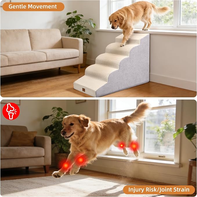 Dog Stairs for Large Dog, 22.6" H, 5-Step Pet Steps for High Bed Couch Sofa and Chair, Non-Slip Pet Ramp for Injured & Senior Pets with Washable Cover and Durable High Density Foam,Beige
