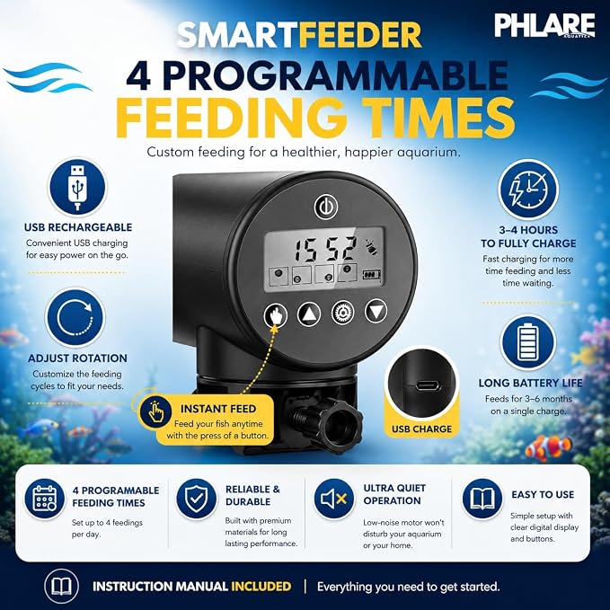Automatic Fish Feeder – Rechargeable USB-C Timer Feeder for Aquariums & Fish Tanks | Vacation & Weekend Feeding | Flakes Pellets & Granules | 200ml Capacity | Freshwater & Saltwater