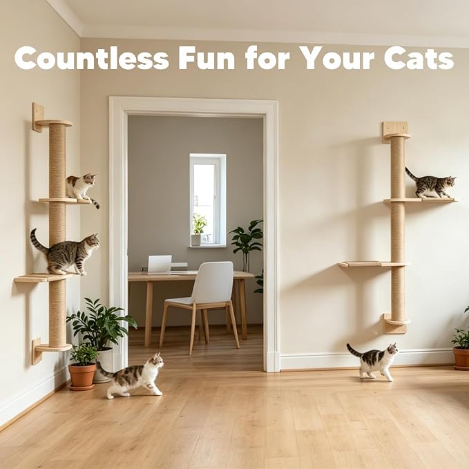 Wall Mounted Cat Tree 47inch, 3 Tier Wood Cat Tower with Natural Jute Rope, Cat Wall Shelves Wall-Mounted Scratching Post Adjustable Cat Tree Tower (3-Tier Cat Tree, Natural Sisal Color)