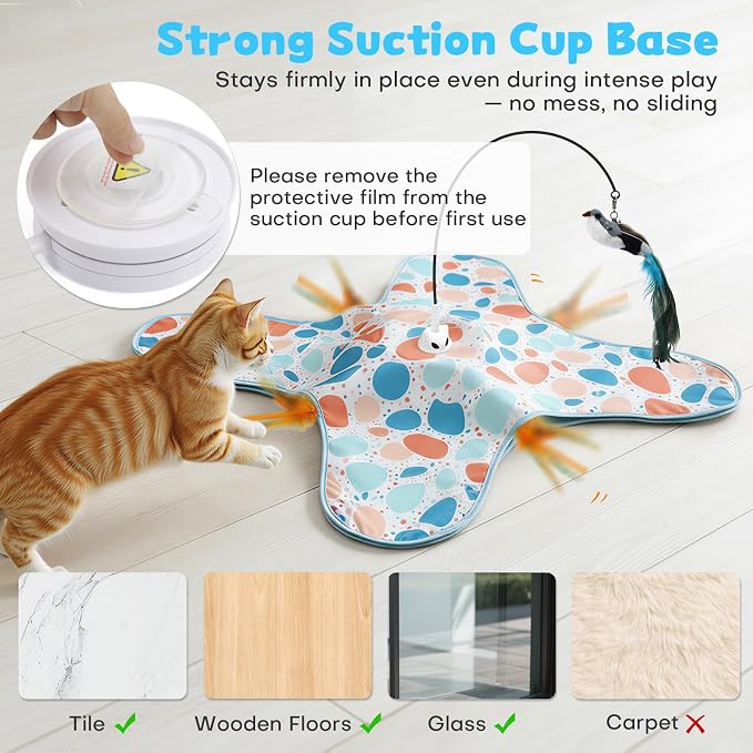 Interactive Cat Toys with Bird, Hide and Seek Cat Toy, 2 in 1 Automatic Moving Concealed Feathers for Indoor Cats, Non-Slip Suction, Touch Activated, USB Rechargeable, Blue