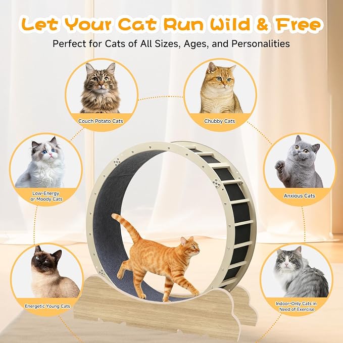 GTPLAYER Cat Wheels, Large Cat Exercise Wheel for Indoor Cats, 40" Diameter cat Treadmill Detachable Carpet & Teaser, Stickers, Ultra-Quiet Scroll Wheel with Latch, Metal, Woodgrain Ears-2 Style