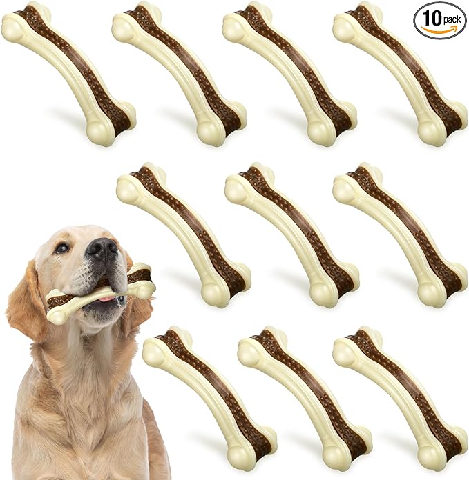Sosation 10 Pcs Dog Chew Toys for Aggressive Chewers Nylon Beef Flavor Dog Bones Tough Puppy Teething Toys Puppy Chew Bones for Large/Medium/Small Breed Dogs Puppies (5.1 x 2 Inch)