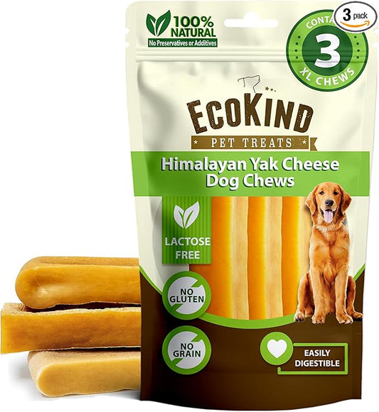 EcoKind Yak Cheese Himalayan Dog Chews, Yak Chews for Large Dogs, Long Lasting Bone for Aggressive Chewers, Only 3 Ingredients, Natural High Protein Dog Treat, No Additives, Lactose Free, XL - 3 Chews
