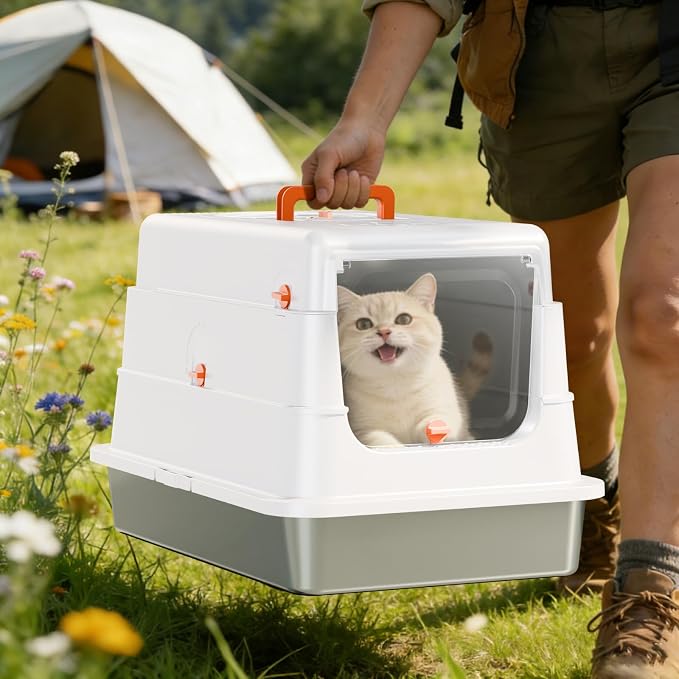 Stainless Steel Cat Litter Box with Lid, Extra Large Enclosed Metal Litter Pan with High Sides, Full Flip Cover Litter Box for Large Cat, Include Scoop & Step, Leak Proof Easy Clean Odor Control,White