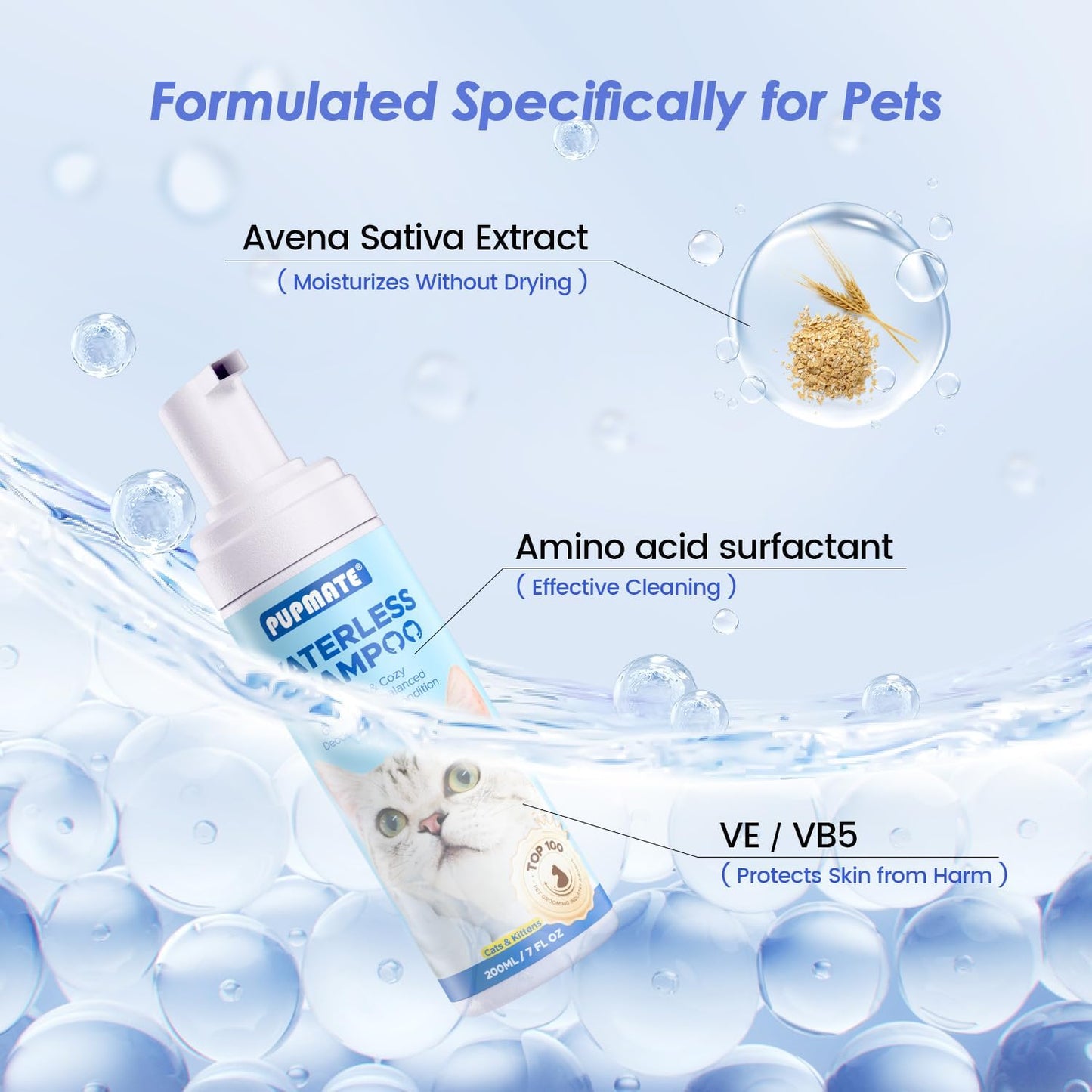 Cat Waterless Shampoo with Brush - No Rinse Formula for Quick Clean Between Baths, Hypoallergenic & Detangling, Reduce Itchy Skin Shedding, Vet-Recommended for Kittens/Senior Cats,Unscented