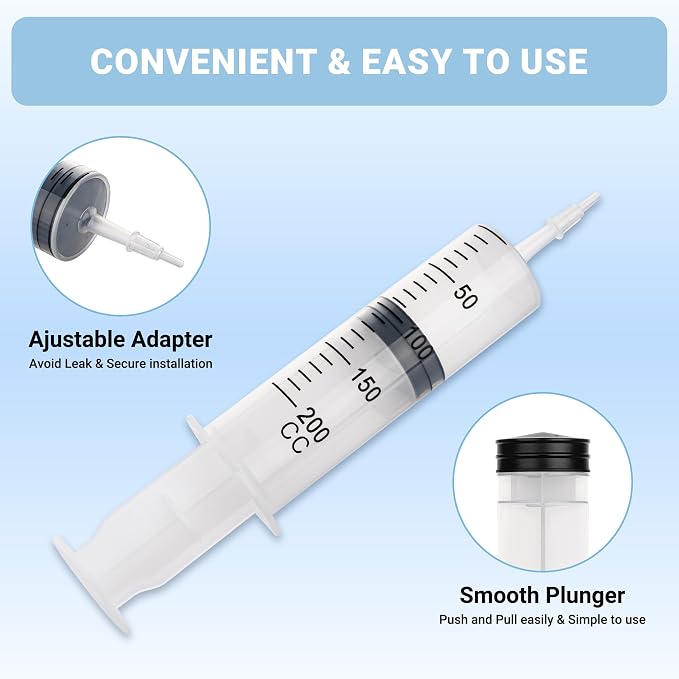 200ml Large Syringe, Plastic Syringe with Tip Adapter, for Scientific Labs, Measuring, Watering, Refilling, Filtration Multiple Uses, Individual Sealed, 5 Pack
