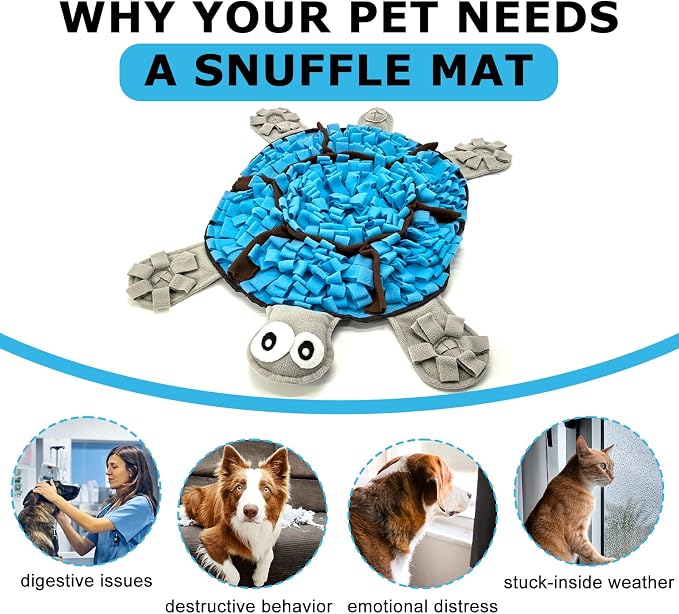 Snuffle Mat for Dogs, Tortoise-Themed Slow Feeder for Small/Middle/Large Breed, Durable Washable Portable Pet Feeding Mat, Nose Work Training Pad, Anxiety Relief & Mental Stimulation(M, Blue)