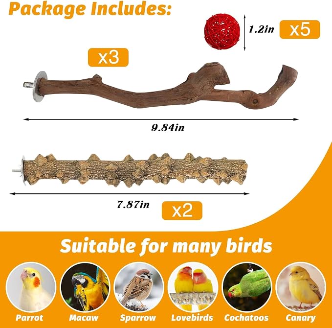 kathson Natural Parrot Perch for Cage Wooden Bird Perches Grape Bird Stick Parakeet Climbing Standing Branches Toy Chewable Cage Accessories for Small Budgies Cockatiels Lovebirds Budgies