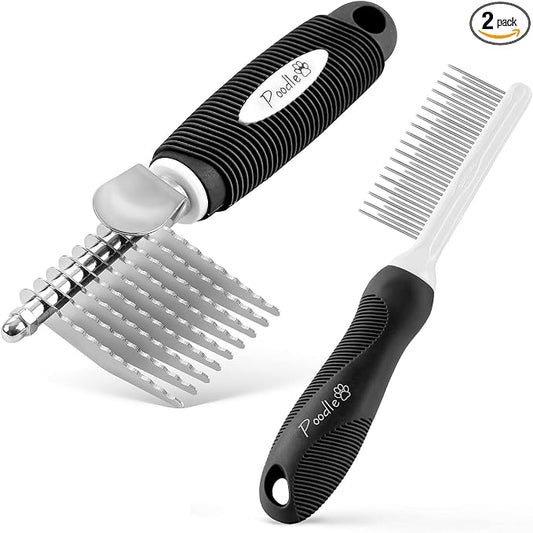 Poodle Pet Bundle - Dematting Fur Rake Comb Brush Tool with Steel Safety Blades and Detangling Pet Comb with Long and Short Stainless Steel Teeth for Detangling Matted or Knotted Undercoat Hair (Black