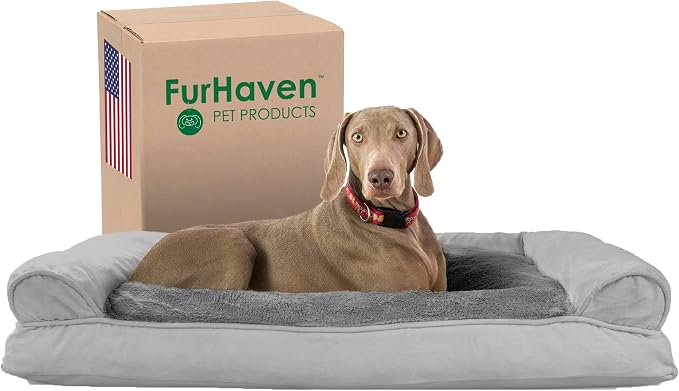 Furhaven Pillow Dog Bed for Large Dogs w/ Removable Bolsters & Washable Cover - Plush & Suede Sofa - Gray, Jumbo/XL