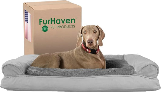 Furhaven Pillow Dog Bed for Large Dogs w/ Removable Bolsters & Washable Cover - Plush & Suede Sofa - Gray, Jumbo/XL