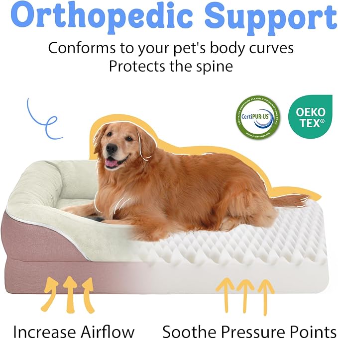 Chez Paw XXL Orthopedic Dog Bed for Extra Large Dogs, Extra Thick Egg-Crate Foam Waterproof Pet Couch with Removable Washable Cover, 4-Sided Bolster & Non-Slip Bottom, Pink 45"x35"x7.5"