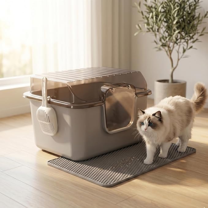 Oneluck Large Cat Litter Box with Lid and Sifting Mat, 24 Inch High Sided Enclosed Cat Litterbox for Indoor Cats, Translucent Hooded Design for Easy Cleaning, Extra Thick Plastic
