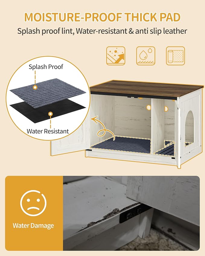 Hzuaneri Cat Litter Box Enclosure with Cushion, Hidden Litter Box Furniture with Removable Dividers, Reversible Entrance Left or Right Side, Cat House, Rustic White and Brown CB84614X