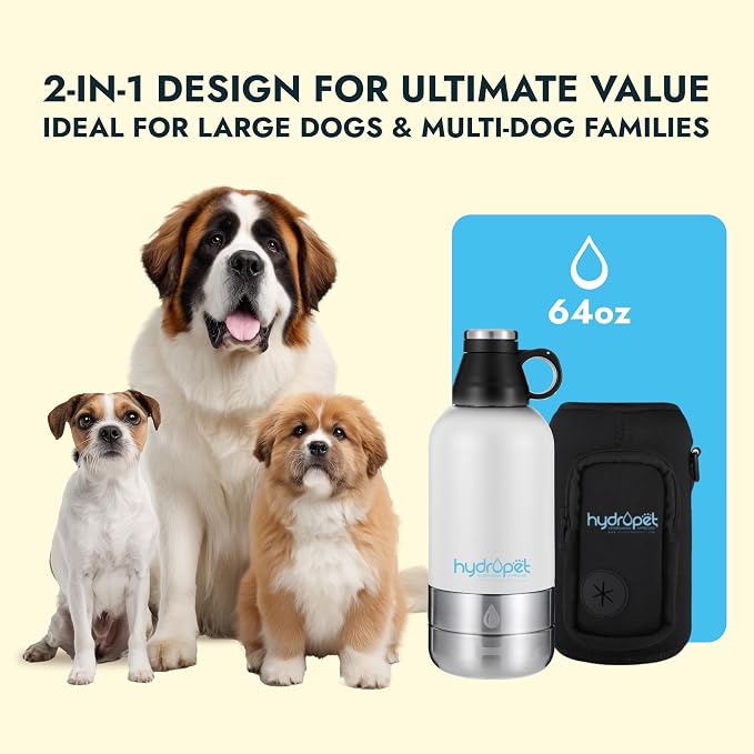 Hydropet Portable Dog Water Bottle (64 oz) – Stainless Steel, BPA-Free, Leak-Proof – Detachable Dog Water Bowl & Dog Food Bowl – Neoprene Carry Bag – Essential Dog Accessories for Daily Walks & Travel