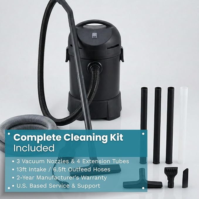 Half Off Ponds CleanSweep 1400 Pond Vacuum with a 13' Intake Suction Hose, 4 Extension Tubes, 3 Vacuum Nozzles, a 6.5 Foot Output Hose, and a Debris Collection Bag | 13 ft intake hose, 6.5 ft output hose, 4 extension tubes, 3 nozzles, Debris collection...
