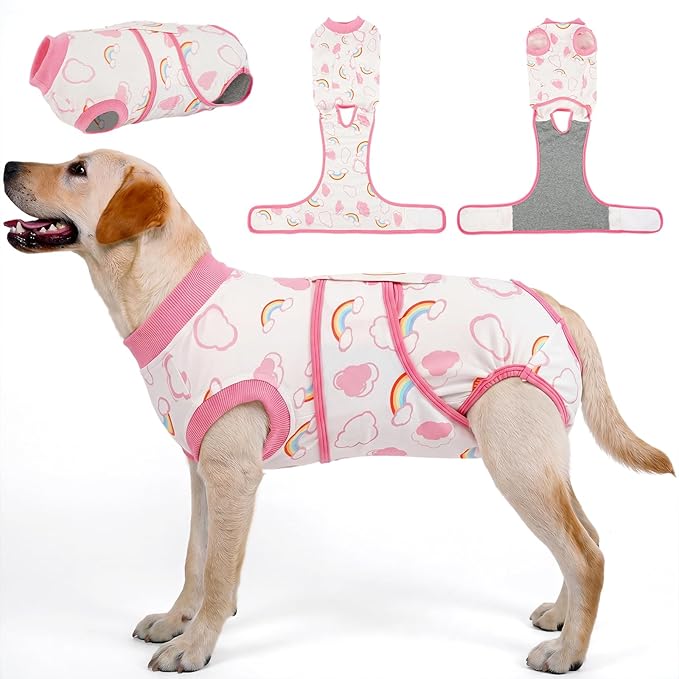 Kuoser Dog Surgery Recovery Suit, Soft Breathable Dog Recovery Suit for Female Spay Male Nueuter, Anti Licking Puppy Onesie Pet Surgical Suit for Dogs Abdominal Wounds Skin Disease, Rainbow 2XL