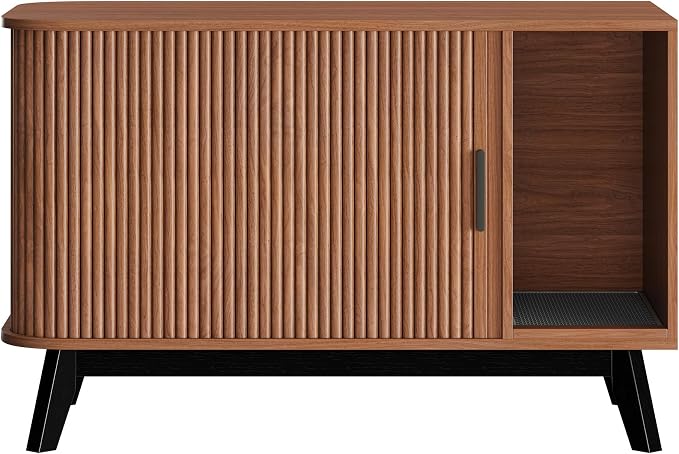 Garvee Cat Litter Box Enclosure, 39" Litter Box Enclosure Furniture Hidden Litter Box with Cat Litter Mat and Sliding Door, Modern Indoor Cat House, Side End Table for Living Room, Walnut