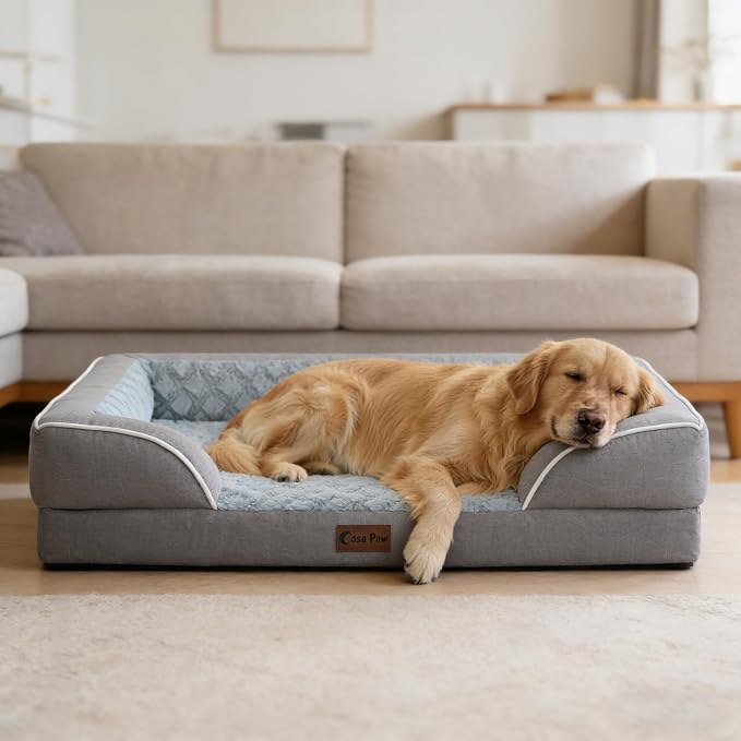 Orthopedic Dog Beds for Extra Large Sized Dogs 45x35 Inch, XL Waterproof Egg Crate Foam Dog Sofa Bed with Removable Washable Cover Big Pet Couch with Bolster & Non-Slip Bottom, Grey