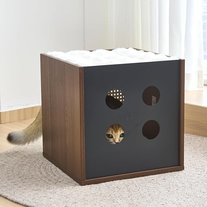2-Tier Wooden Indoor Cat House for Large Cats, Sturdy & Durable Semi-Enclosed Cat Bed Condo with Removable Washable Plush Cushion, Multi-Functional Cat Furniture, Easy Video Assembly