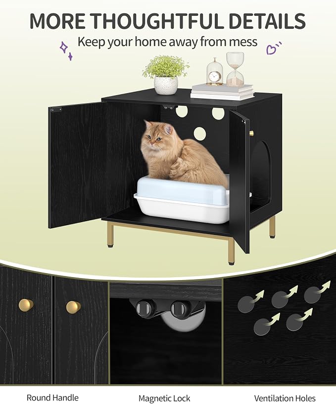 Hzuaneri Cat Litter Box Enclosure, Hidden Litter Box Furniture Cabinet, Wooden Indoor Cat House, Side End Table, Living Room, Bedroom, Black and Gold CB81204G