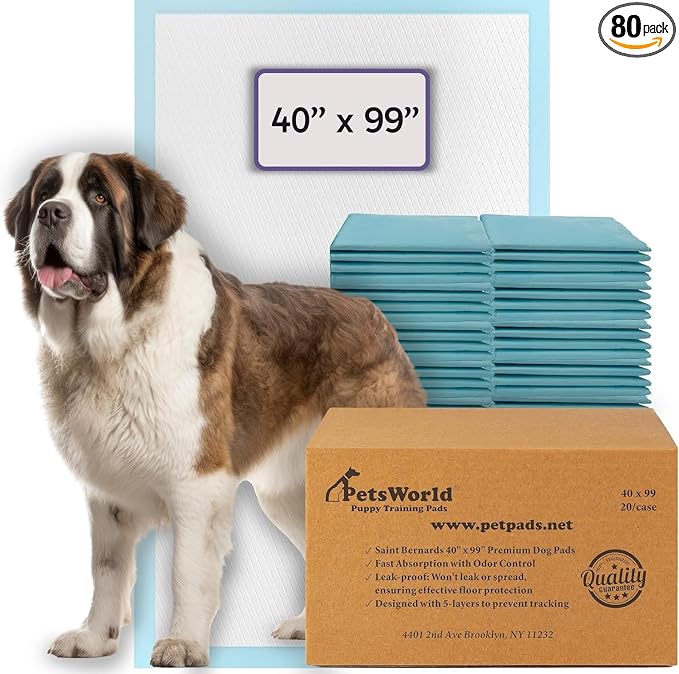 PETSWORLD Mega-Sized Dog Pee Pads (40" x 99") – 4XL Gigantic Pet Piddle Pads for Puppy Training, Incontinence – with Adhesive Sticky Tape – Leak Proof, 5-Layer Protection (80 Count)