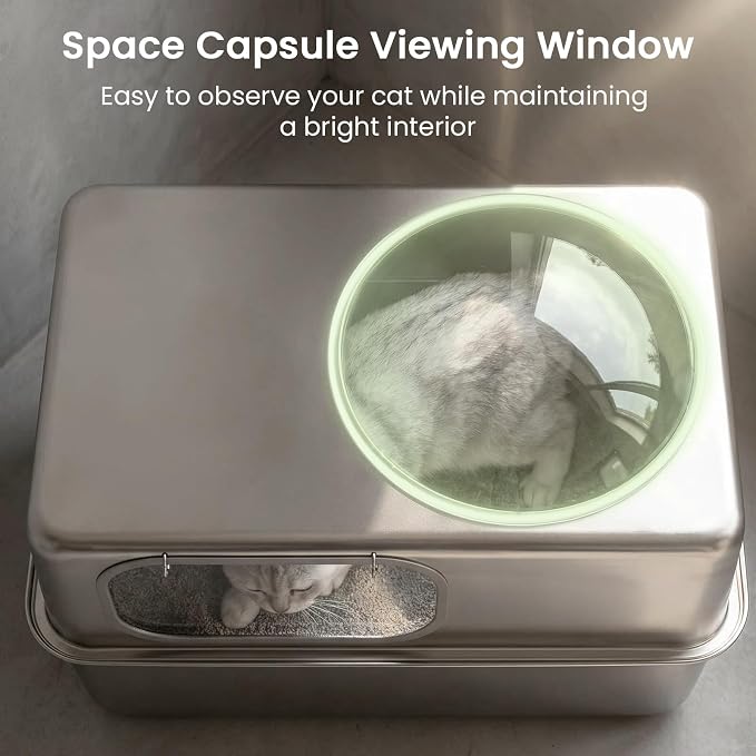 Ptlom Enclosed Stainless Steel Cat Litter Box with Lid, Extra Large Metal Litter Box, Leak-Proof High Sided Covered Litter Box for Kitties & Multi Cats, Non-Stick, Includes Litter Mat & Scoop