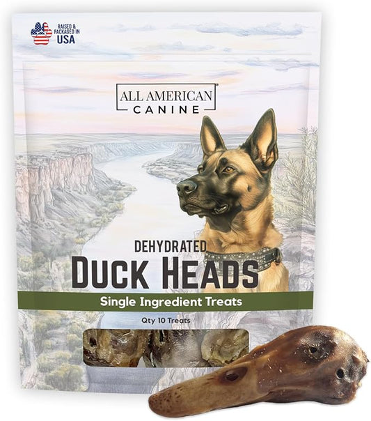 All American Canine 10 Natural Duck Head Dog Treats – Single Ingredient, Dehydrated & Digestible – Low-Fat, High-Protein Chew for Training & Dental Health – Made in USA