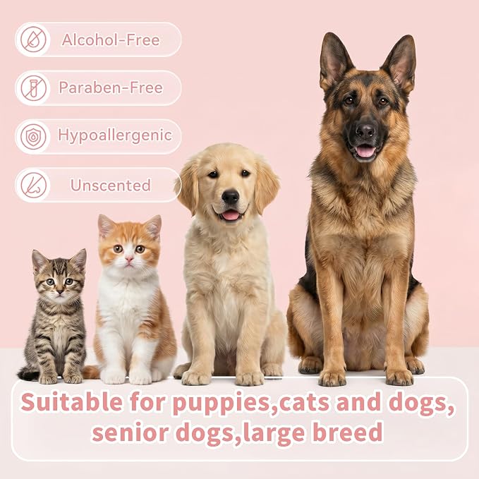 Hypoallergenic Dog Wipes for Paws & Butt, Extra Thick Plant Based Pet Wipes for Dogs & Cats, Alcohol-Free Lick-Safe Grooming Wipes, 80 Count