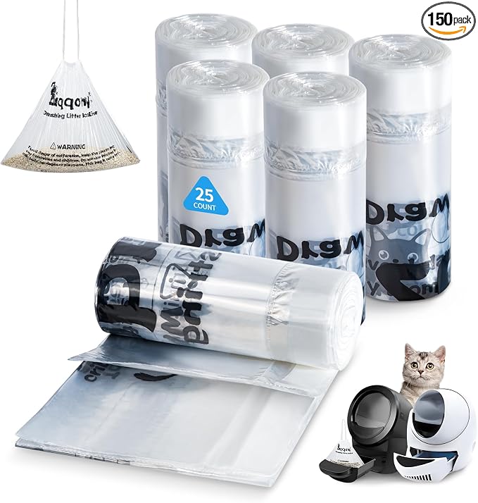 150 Count Drawstring Litter Box Liners Compatible with Litter Robot 4 & 3 - Thickened Leak-Proof Cat Litter Waste Bags, Pre-Separated Clear Design (25.8" x 21"), Odor Control Cat Litter Liner