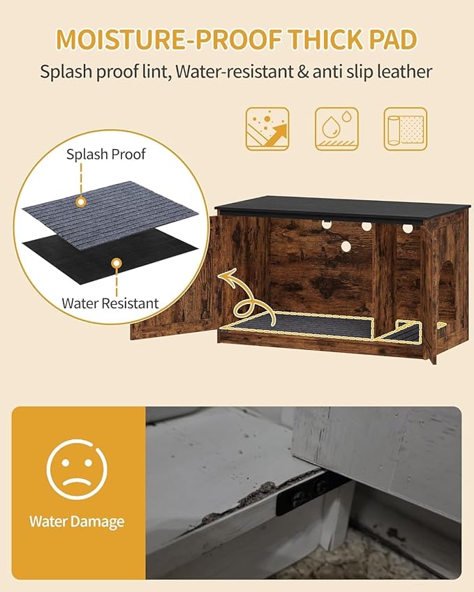 Hzuaneri Cat Litter Box Enclosure with Cushion, Hidden Litter Box Furniture with Removable Dividers, Reversible Entrance Left or Right Side, Cat House, Rustic Brown and Black CB84701X