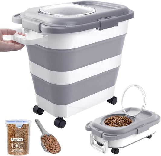 25-28 Lbs Dog Food Storage Container with Handle, Collapsible Dog Food Container with Airtight Lids, Wheels, Large Pet food storage Container for Dog Cat,Dog Food Scoop,Small Container