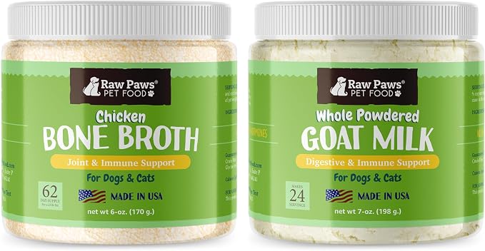 Raw Paws Whole Milk Powder & Bone Broth for Dogs and Cats Bundle - Whole Goat Milk Powder & Chicken Bone Broth - Made in USA - Pet Nutritional Supplement - Protein Powder Food Topper