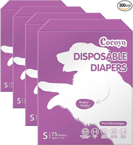 COCOYO Disposable Female Dog Diapers Small Size, Super Absorbent, Breathable, Wetness Indicator, 75 Count (Pack of 4)