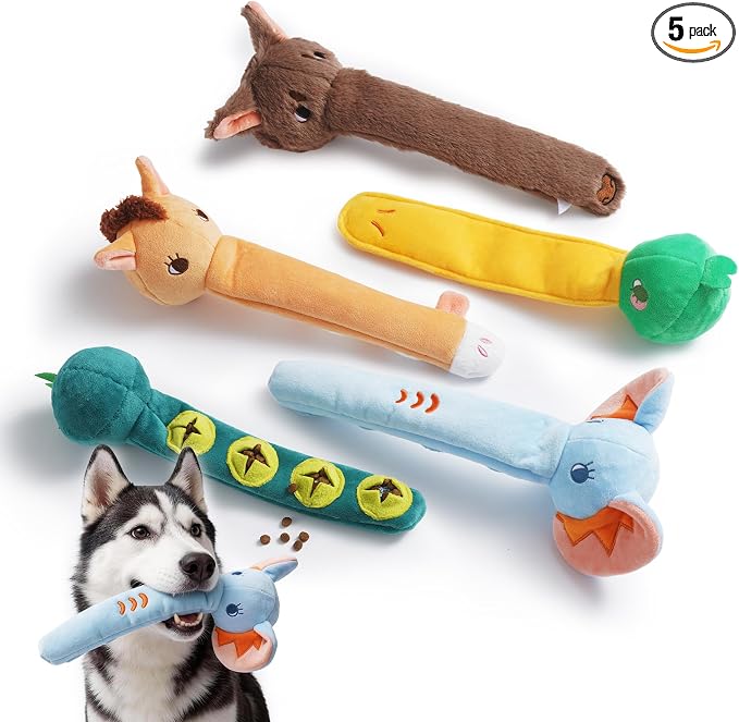 Nocciola Dog Squeak Toys 5pcs, Dog Toys to Keep Them Busy for Aggressive Chewers, Hide and Seek Crinkle Dog Toy for Large Dogs, Long Face Wild Animals Playground Series
