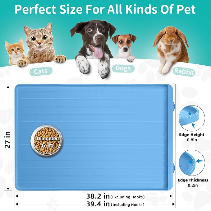 Dog Mat for Food and Water - 39.4" x 27" Large Pet Feeding Mats with Residue Collection Pocket - Waterproof Dog Cat Bowl Mat with High Edges to Prevent Water and Food Spills (Blue, 39.4''x27'')