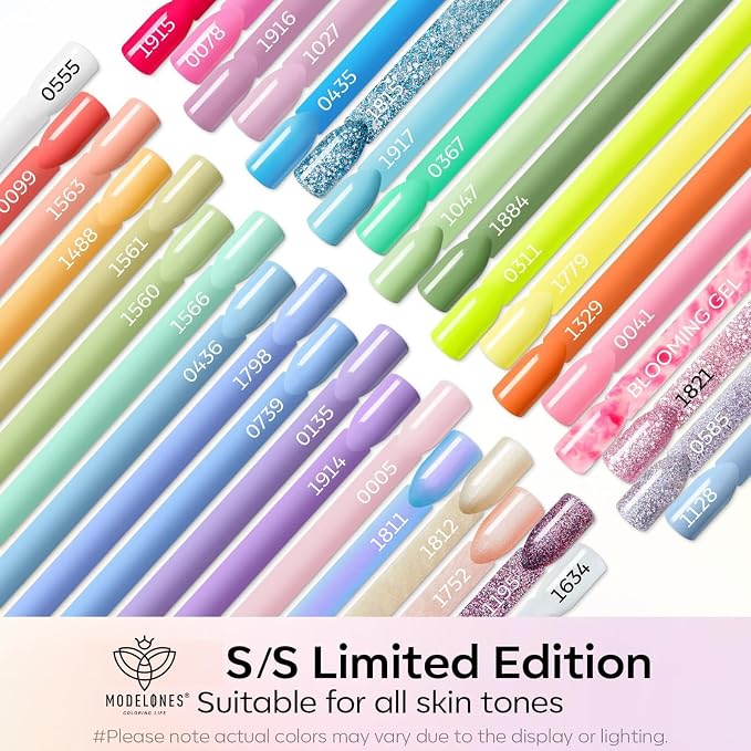 modelones 40Pcs Gel Nail Polish Set, 36 Colors 2026 Summer Spring Pastel White Pink Light Yellow Blooming Glitter Gel Polish Kit with 4PCS Glitter Matte Glossy Top Base Coat LED Nail Art DIY Gift