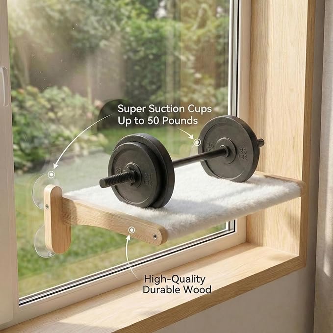 Cat Window Perch with Bird Feeder – Foldable Hammock, Strong Suction Cups for Indoor Cats(Nature)