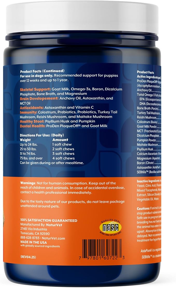 NaturVet All-In-One Puppy Daily Care, 6-In-1 Support Dog Soft Chews to Help Bones, Joints, Digestion, Teeth, Cognition, and More, Hickory Smoked Bacon Flavored Pet Supplement for Puppies, 60 Count Jar