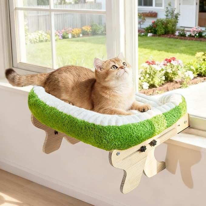 Woochpet cat Window Perch for Indoor Cats Large Window Hammock with Washable Cover Suitable for All Seasons cat Window Bed for Adults Cats and Kittens(White and Green)