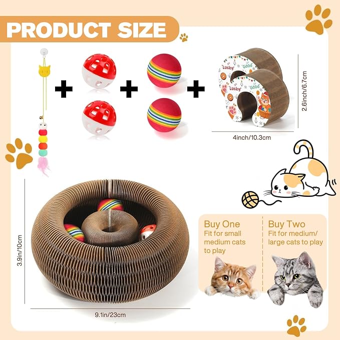 2PCS Magic Organ Cat Scratcher Boards with 4 Balls & 1 Interactive Cat Feather Toy, Foldable Recyclable Accordion Cats Toy with Ball and Track Adventure, Cat Scratching Pad