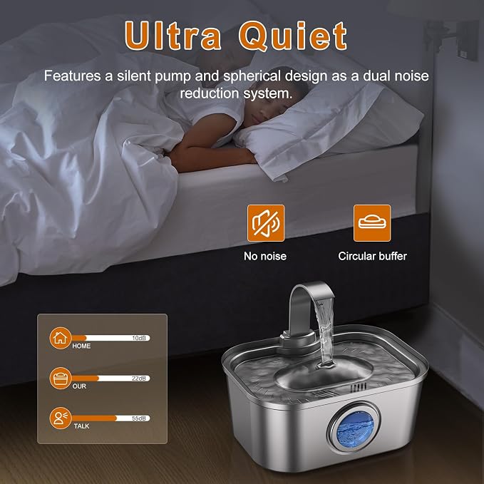 Bobo&Dragon Stainless Steel Cat Water Fountain 124oz/3.5L, Ultra Quiet Automatic Pet Water Dispenser for Multiple Cats & Dogs, 6-Layer Filtration, Smart Window, Built-in 8+8 Replacement Filters
