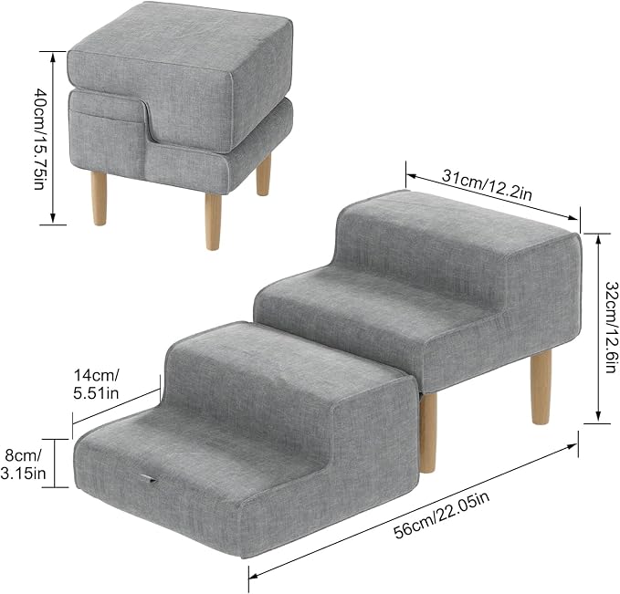 PakaLife Foldable 2-in-1 Dog Ramp Ottoman, Solid Wood Dog Steps for Bed & Couch, Washable Cover, 135lb Capacity, for Small, Senior Dogs & Old Cats to Get on Bed(Only for Small Dogs)