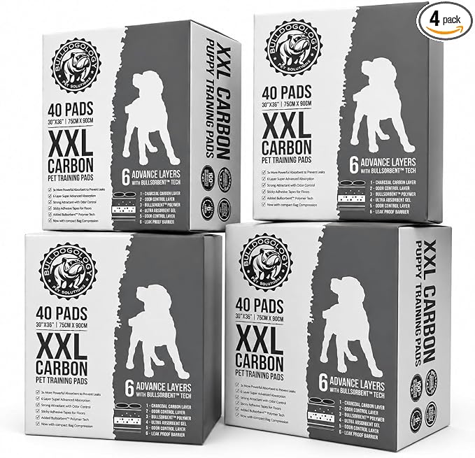 Bulldogology Charcoal XXL Dog Pee Pads with Adhesive Sticky Tape Extra Large Puppy Training Pads Ultra Absorbent Leak Proof Odor Control Carbon Pads 160 Count 30" x 36"