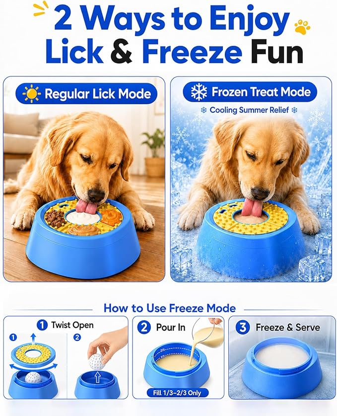 Interactive Slow Feeder Dog Bowl for Dogs & Cats: 2-in-1 Liquid Treat Enrichment Feeder with Rolling Lick Ball, Anti-Slip Suction Base for Yogurt, Bone Broth, Wet Food & Frozen Treats