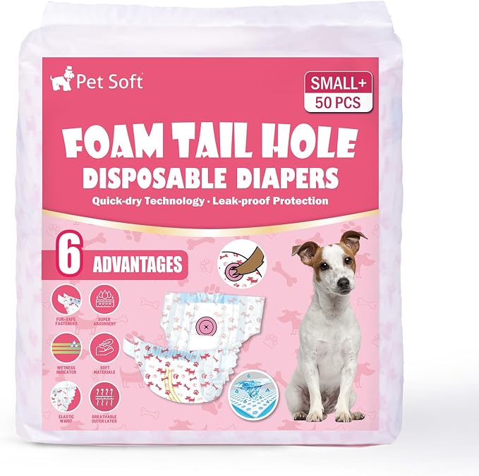 Pet Soft Disposable Dog Diapers - Female Dog Diapers with Adjustable Foam Tail Hole, Ultra Protection Puppy & Cat Diapers Wetness Indicator for Dogs in Heat or Incontinence,50pcs (S+,Red)