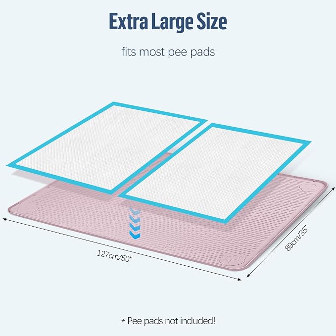 Pee Pad Holder for Dogs, 50" x 35" Silicone Pee Tray Mat Leak-Proof, High Edge, No Spill Pet Pad Holder for Puppy, Cat, Rabbit, Training Pads for Floor Protection, No Pee Pads (Pink)