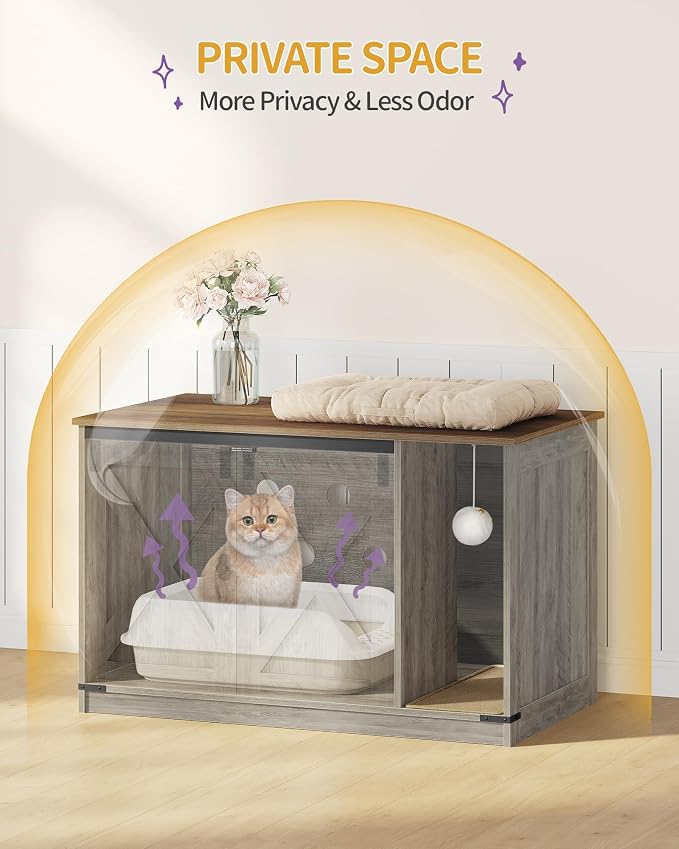 Hzuaneri Cat Litter Box Enclosure, Hidden Litter Box Cabinet Furniture with Bell, Indoor Cats House, Farmhouse Style, 39.4 x 21.7X 24.8 Inches, for Hallway, Bedroom, Greige CB85205X