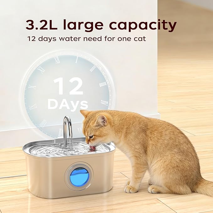 Cat Water Fountain Stainless Steel with Water Level Window,108oz/3.2L Cat Fountain Quiet Automatic Pet Water Fountain for Cats and Small Dogs(Cat Fountain 3.2L)