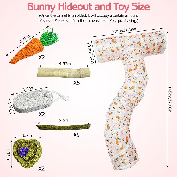 PINVNBY Large Rabbit Tunnel，Collapsible Rabbit Tunnels for Indoor Bunnies Bunny Hideout with 5 Types of Chewing Toys for Ferret Kitten Small Animals (T Shape)